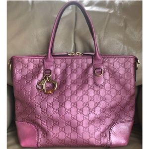 Authentic Gucci Guccissima Metallic Pink Leather Tote Bag with Heart Decoration